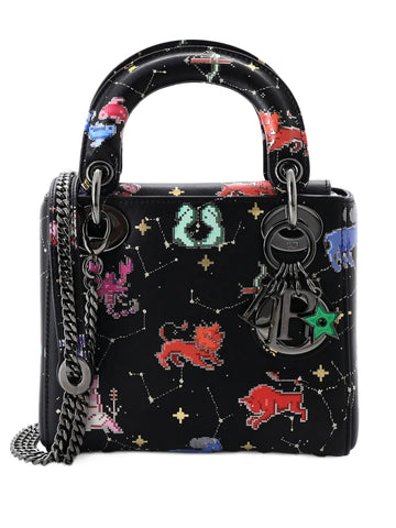 Christian Dior Pre Owned Lady Dior Bag Limited Edition Pixel Zodiac Printed Calfskin Mini Shoulder Bag