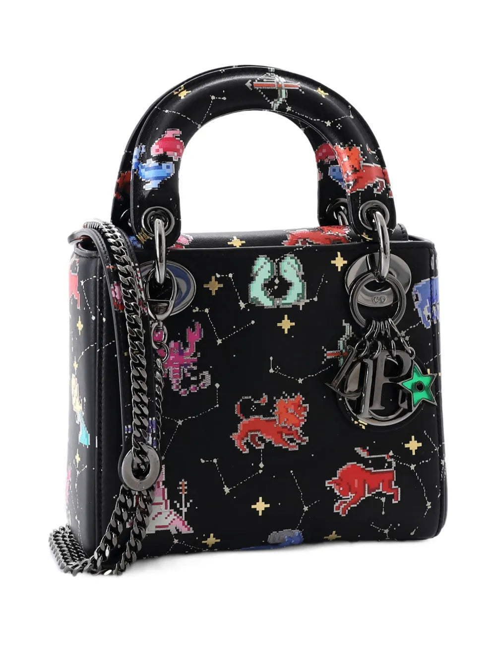 Christian Dior Pre Owned Lady Dior Bag Limited Edition Pixel Zodiac Printed Calfskin Mini Shoulder Bag