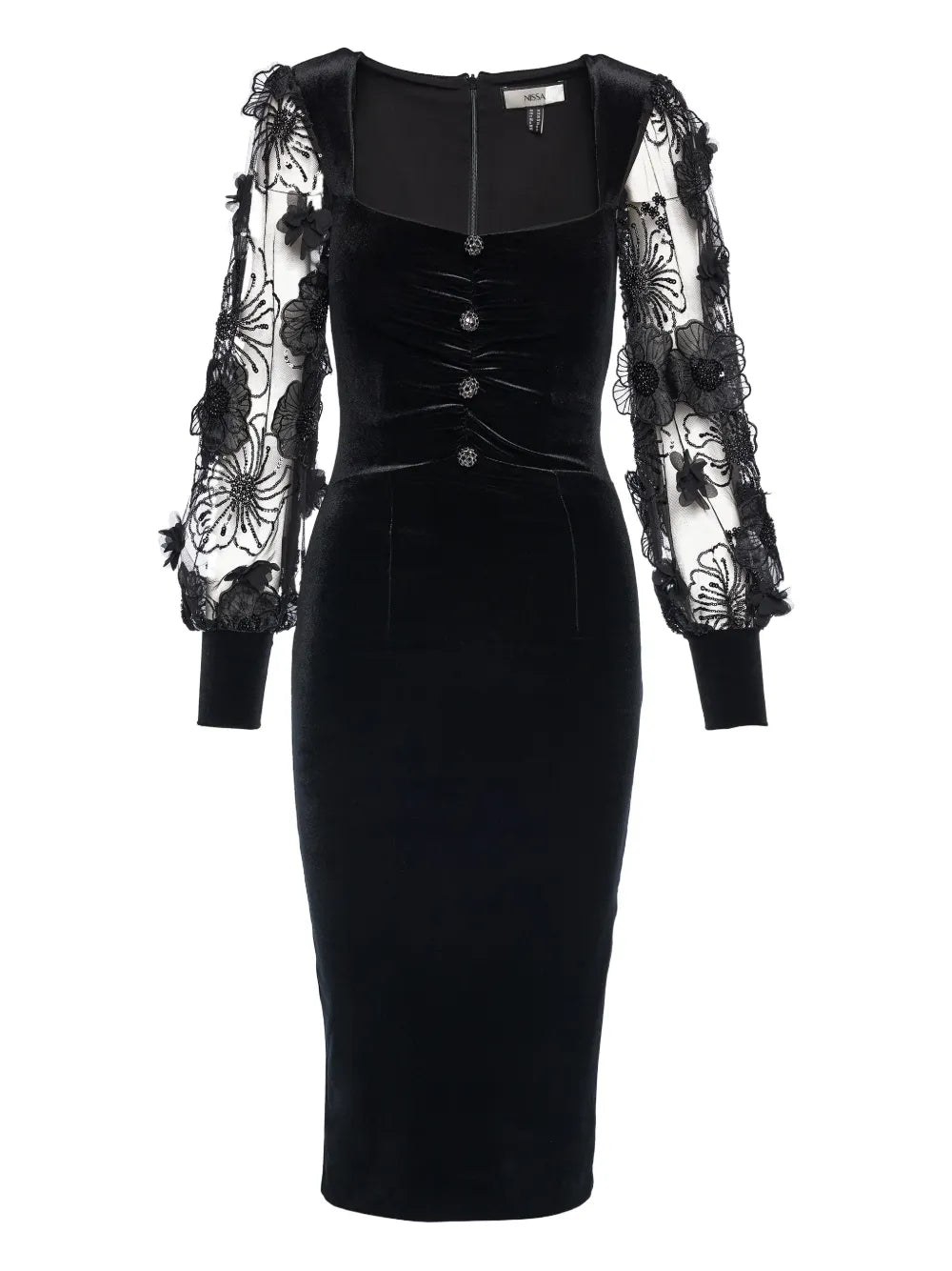 Nissa Flower Embellished Button Midi Dress