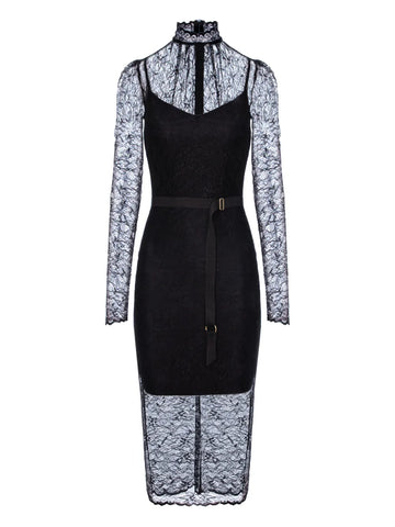 Murmur Mist Lace Belted Midi Dress