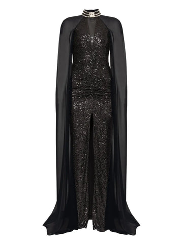 Nissa Sequined Cape Gown