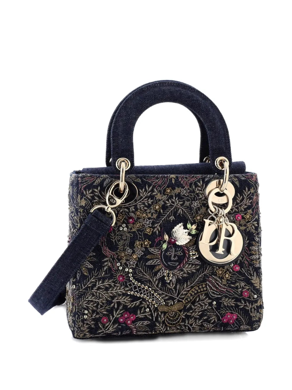 Christian Dior Pre Owned Lady Dior Bag Embroidered Denim Small Shoulder Bag