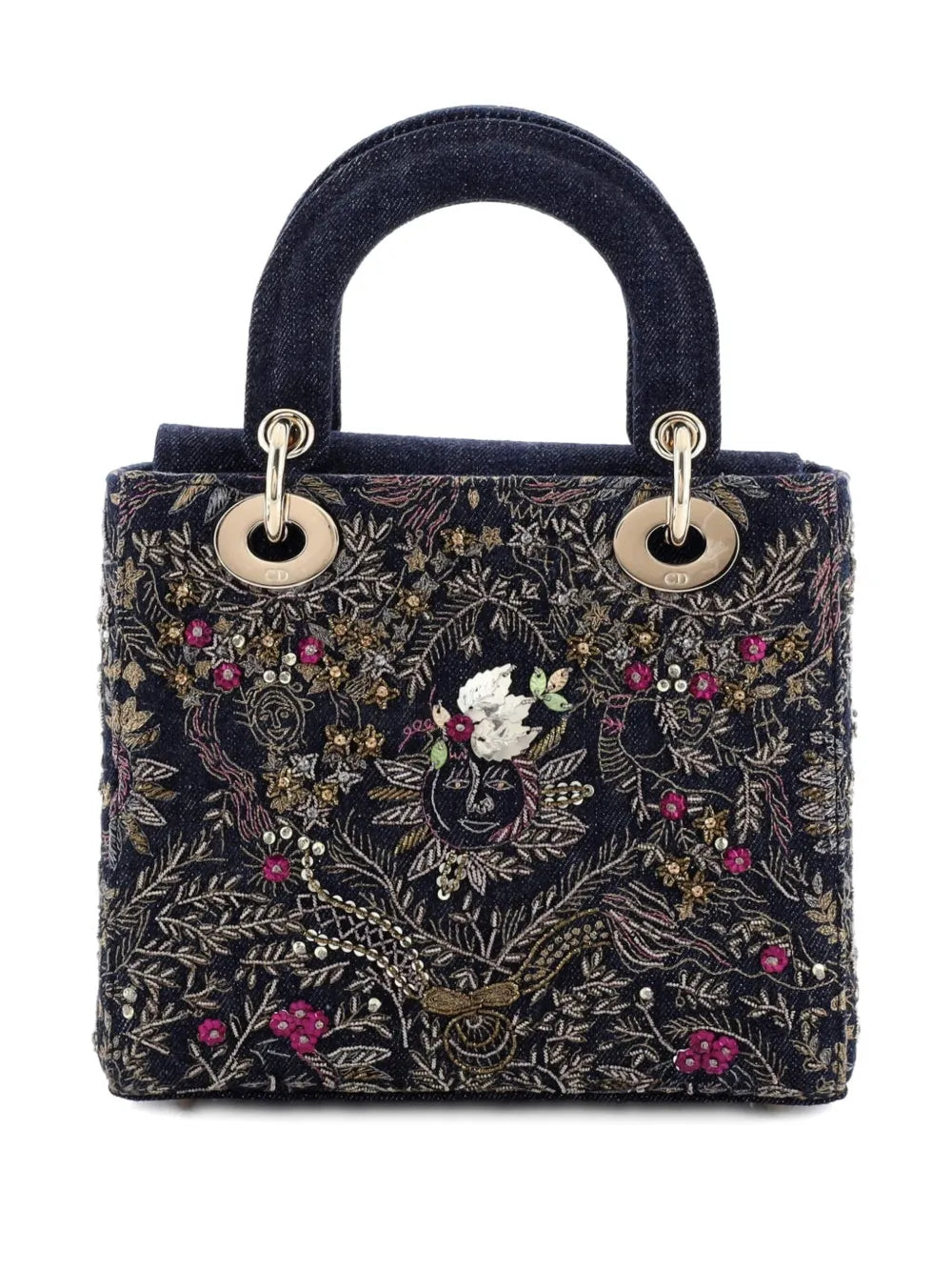 Christian Dior Pre Owned Lady Dior Bag Embroidered Denim Small Shoulder Bag