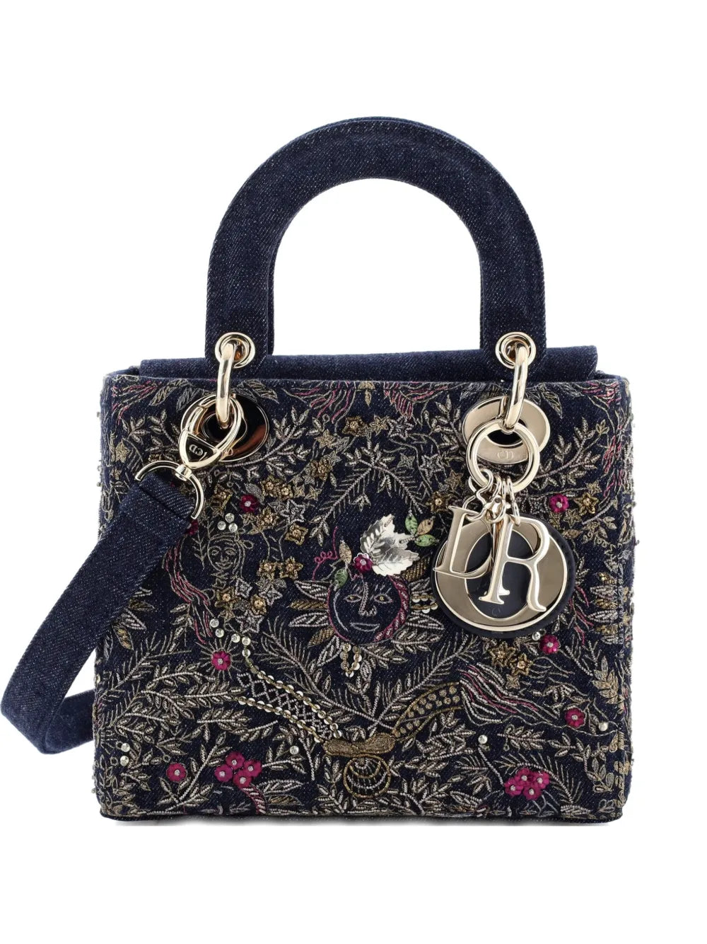 Christian Dior Pre Owned Lady Dior Bag Embroidered Denim Small Shoulder Bag