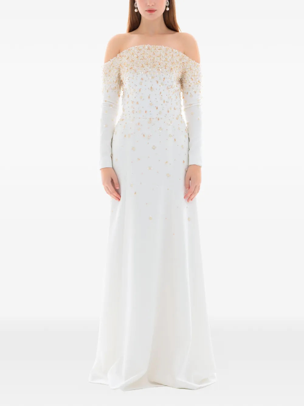 Dina Melwani Pearl Crystal Embellished Gown