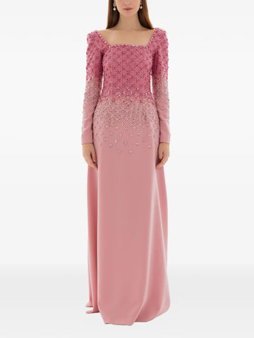 Dina Melwani Crystal Grid Embroidered Gown