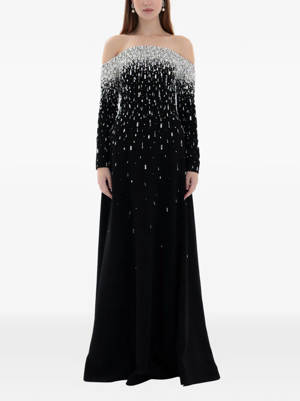 Dina Melwani Crystal Off Shoulder Gown