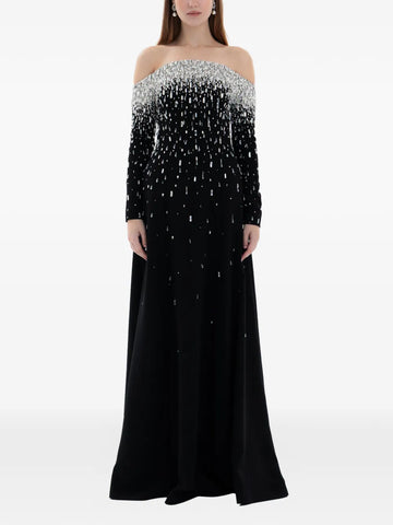 Dina Melwani Crystal Off Shoulder Gown