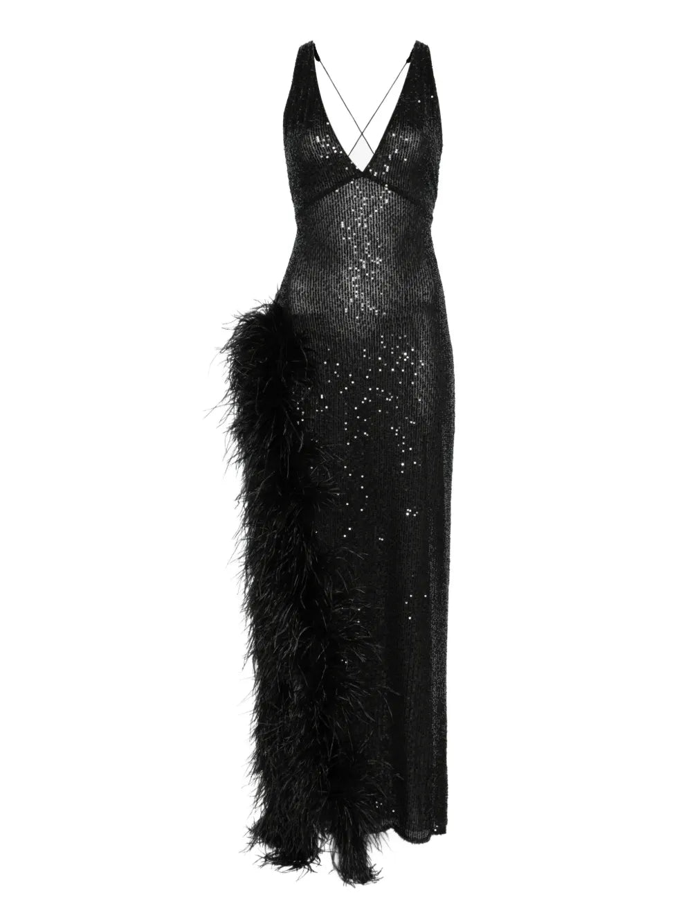 Atu Body Couture Feather Trim Sequined Maxi Dress