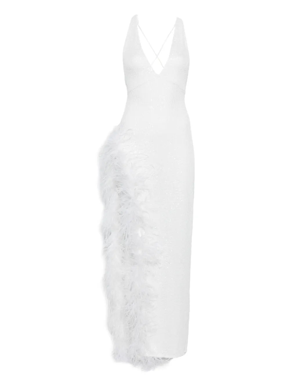 Atu Body Couture Feather Trim V Neck Maxi Dress