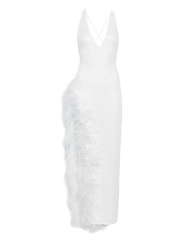 Atu Body Couture Feather Trim V Neck Maxi Dress