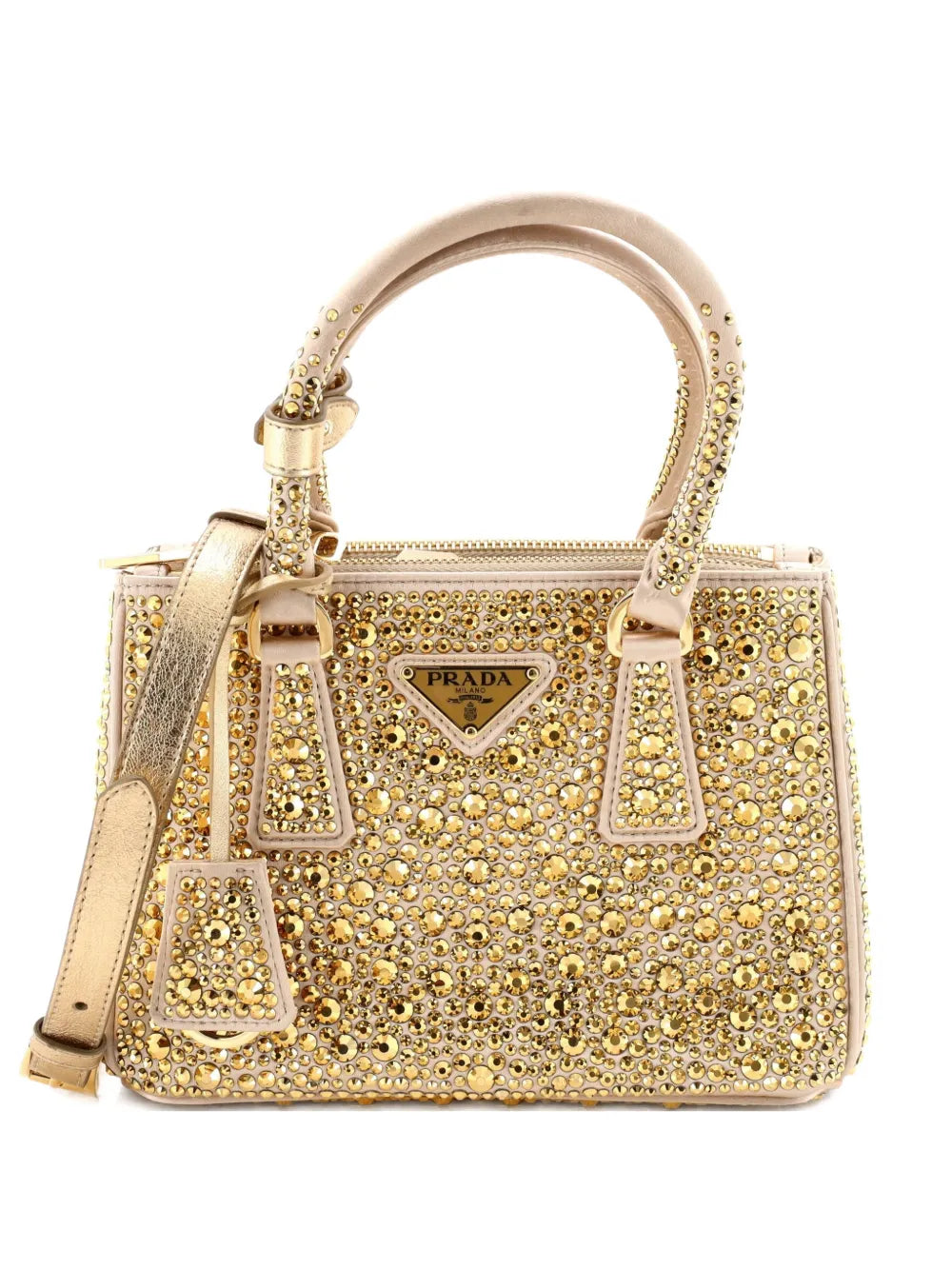 Prada Pre Owned Galleria Double Zip Tote Crystal Embellished Satin Mini Shoulder Bag