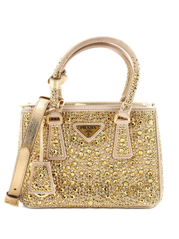 Prada Pre Owned Galleria Double Zip Tote Crystal Embellished Satin Mini Shoulder Bag