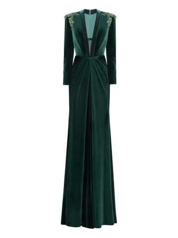 Gemy Maalouf Beaded Shoulders Velvet Dress