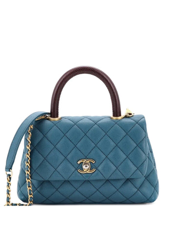 Chanel Pre Owned Coco Top Handle Bag Quilted Caviar With Lizard Mini Shoulder Bag