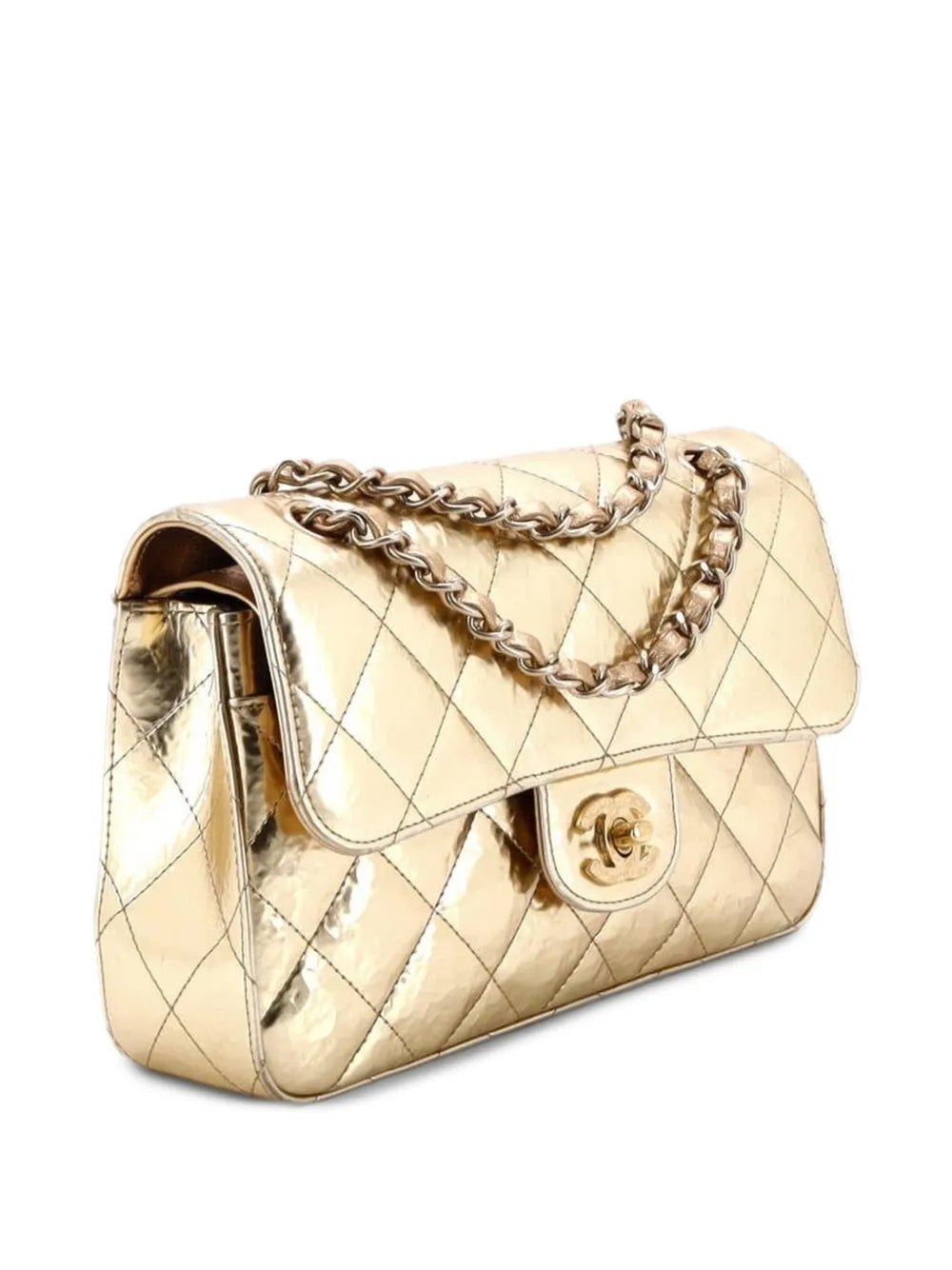 Chanel Pre Owned Classic Double Flap Bag Quilted Hammered Metallic Calfskin Small Shoulder Bag