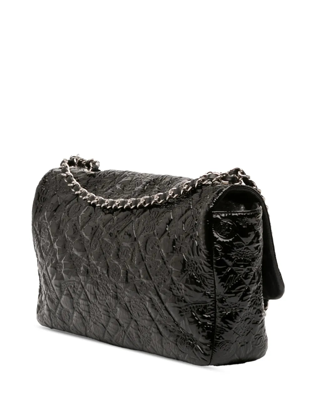 Chanel Pre Owned 2010 2011 Jumbo Patent Embossed Lucky Symbols Flap Shoulder Bag