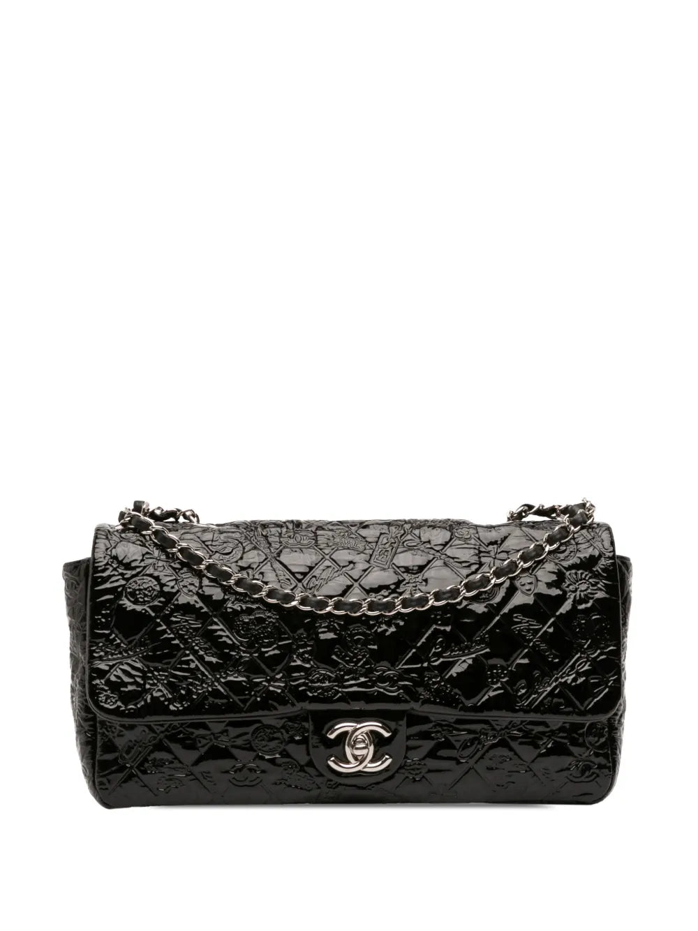 Chanel Pre Owned 2010 2011 Jumbo Patent Embossed Lucky Symbols Flap Shoulder Bag