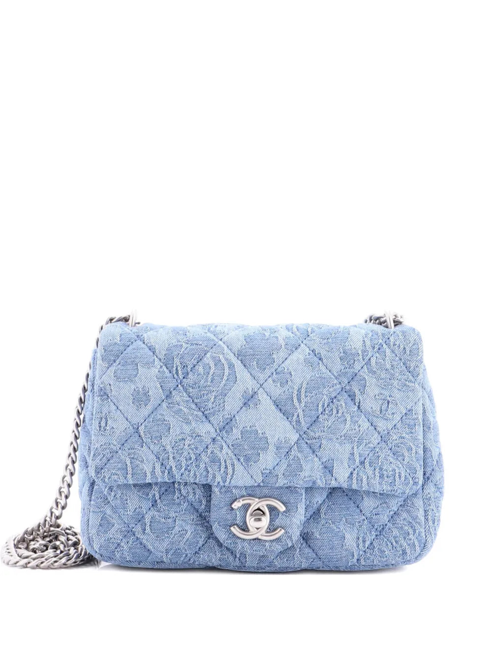Chanel Pre Owned Sweet Heart Chain Square Flap Bag Quilted Camellia Denim Mini Shoulder Bag