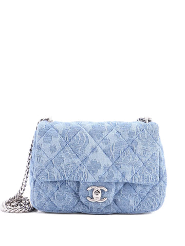 Chanel Pre Owned Sweet Heart Chain Square Flap Bag Quilted Camellia Denim Mini Shoulder Bag