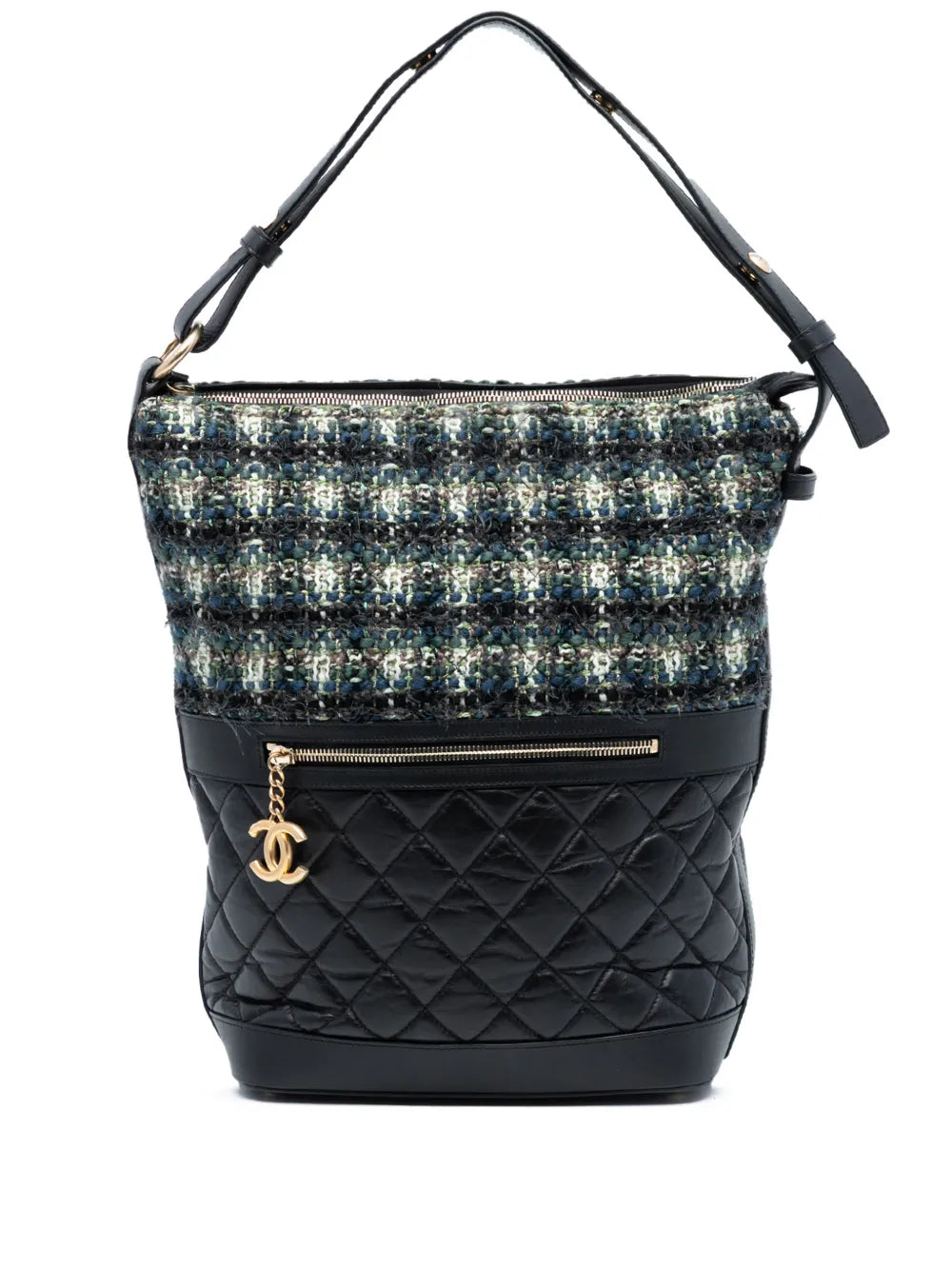 Chanel Pre Owned 2018 2019 Quilted Aged Calfskin And Tweed Casual Style Hobo Bag