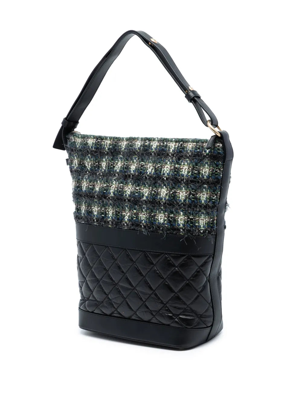Chanel Pre Owned 2018 2019 Quilted Aged Calfskin And Tweed Casual Style Hobo Bag
