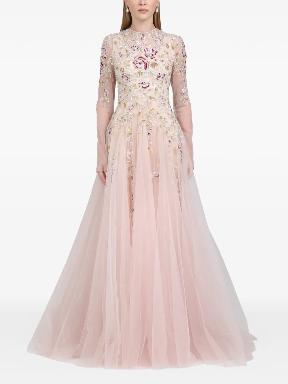 Dina Melwani Leaf Embroidered Gown Maxi Dress