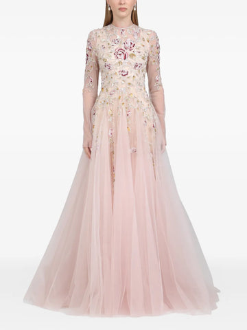Dina Melwani Leaf Embroidered Gown Maxi Dress