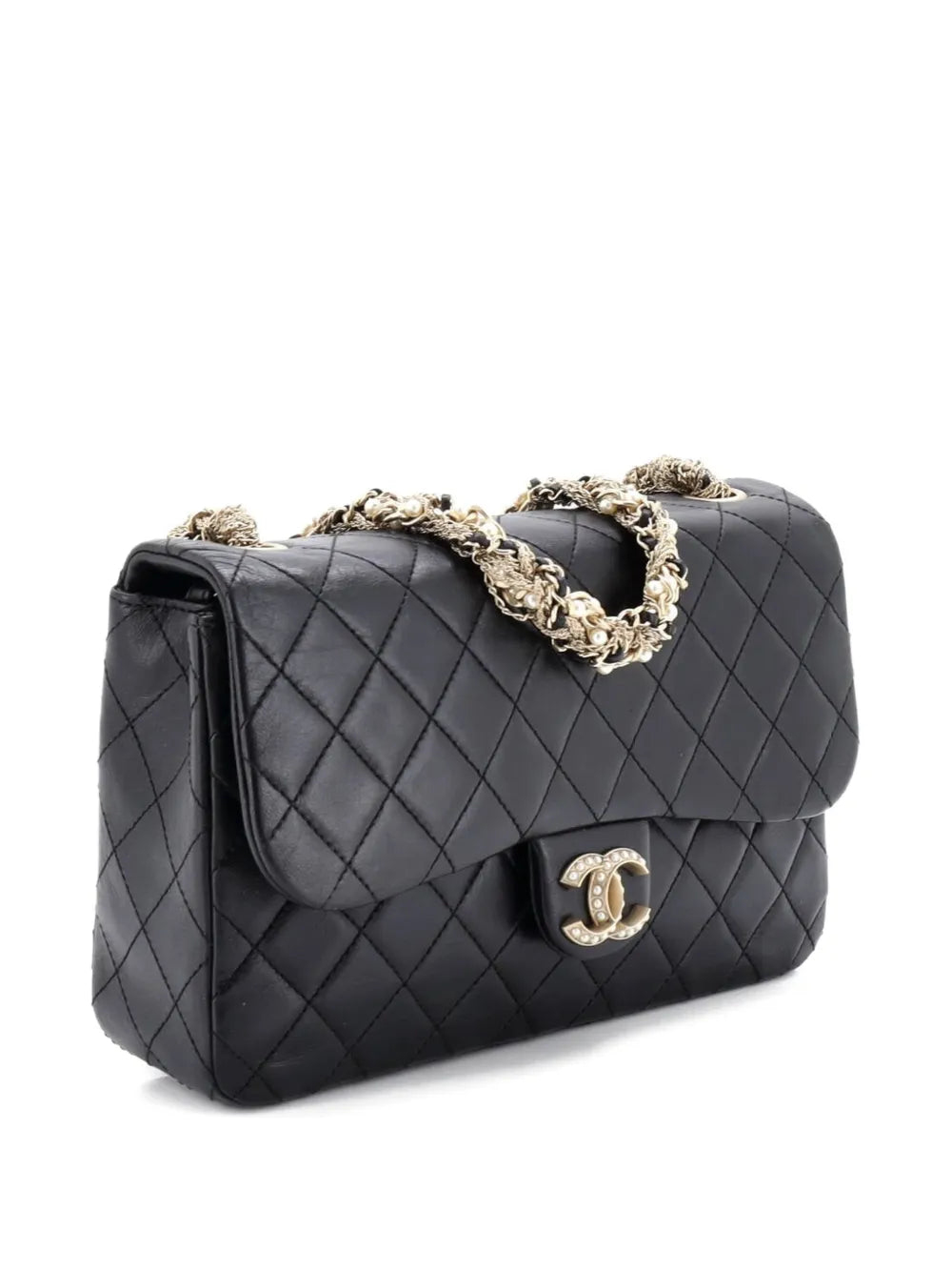Chanel Pre Owned Westminster Tangled Pearl Chain Flap Bag Quilted Lambskin Medium Shoulder Bag