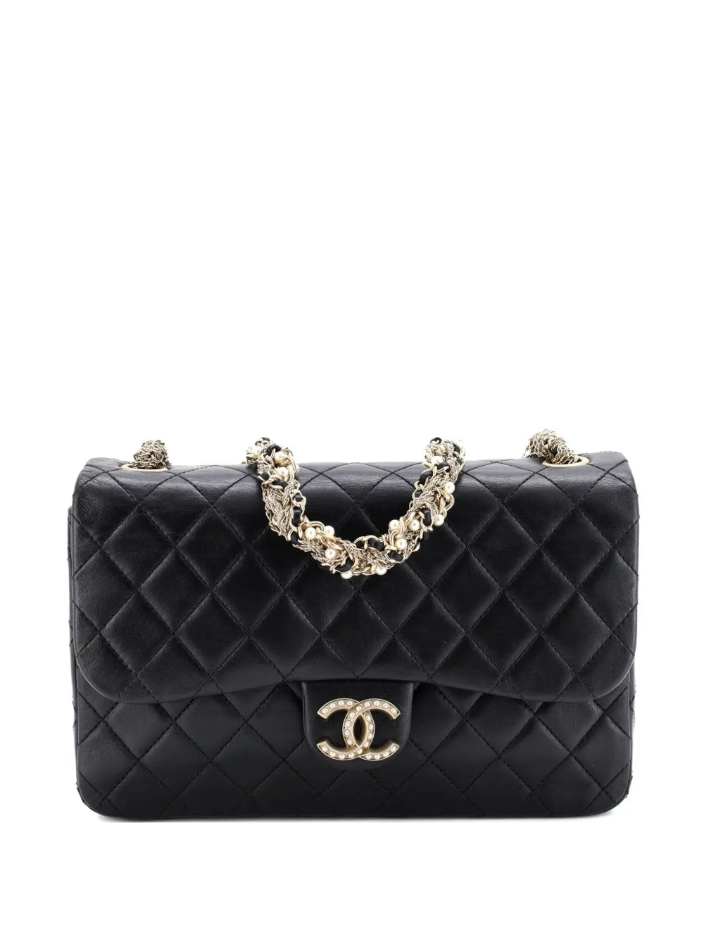 Chanel Pre Owned Westminster Tangled Pearl Chain Flap Bag Quilted Lambskin Medium Shoulder Bag