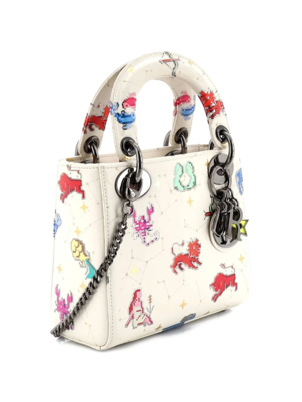 Christian Dior Pre Owned Lady Dior Bag Pixel Zodiac Printed Calfskin Mini Shoulder Bag
