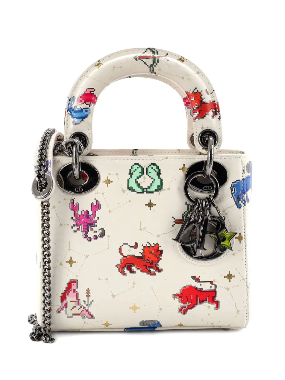 Christian Dior Pre Owned Lady Dior Bag Pixel Zodiac Printed Calfskin Mini Shoulder Bag