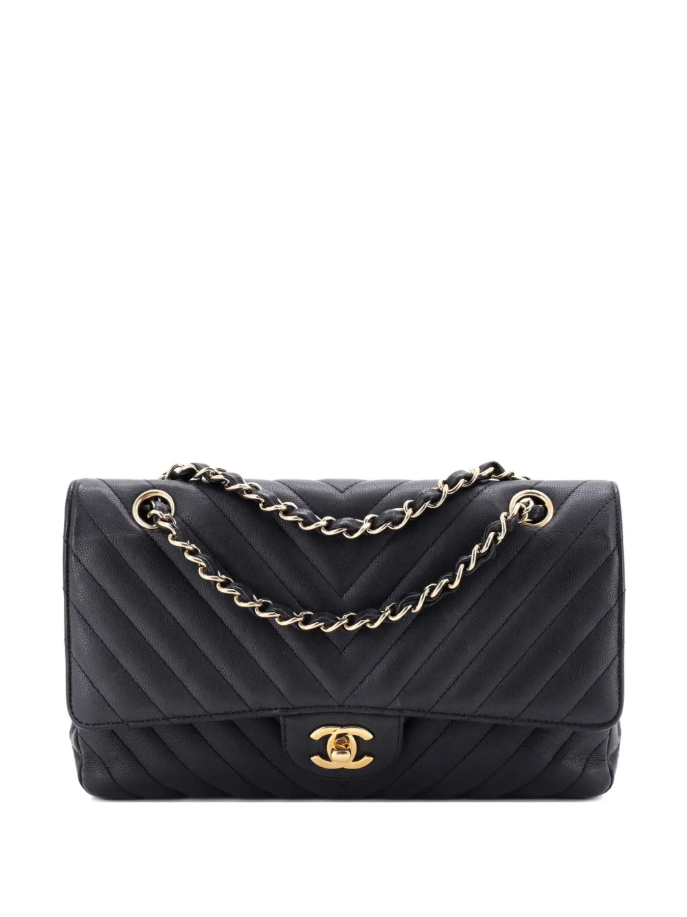 Chanel Pre Owned Classic Double Flap Bag Chevron Caviar Medium Shoulder Bag