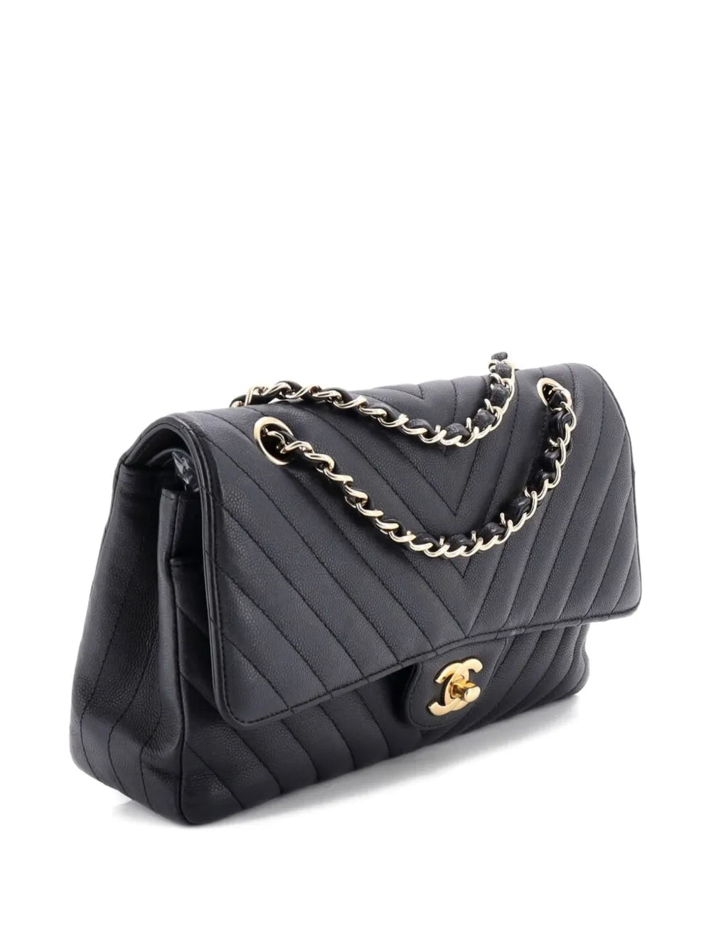 Chanel Pre Owned Classic Double Flap Bag Chevron Caviar Medium Shoulder Bag